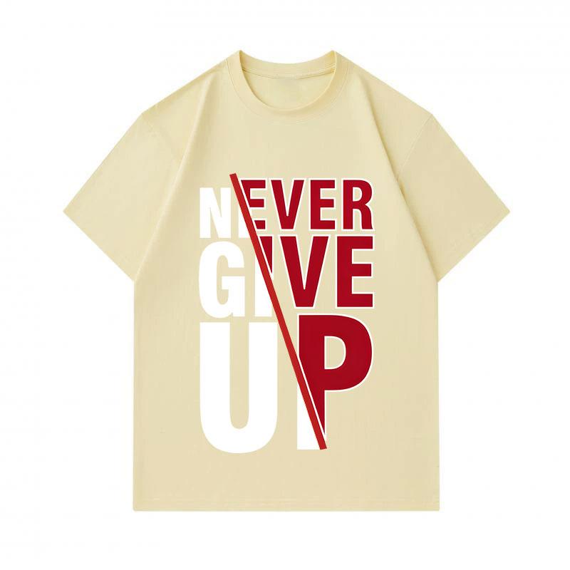 Men's 100% Cotton Crew Neck Short Sleeve T-Shirt, Classic Never Give Up Motivational Print Casual Soft Breathable Tee For Daily Wear, Regular Fit Ligh