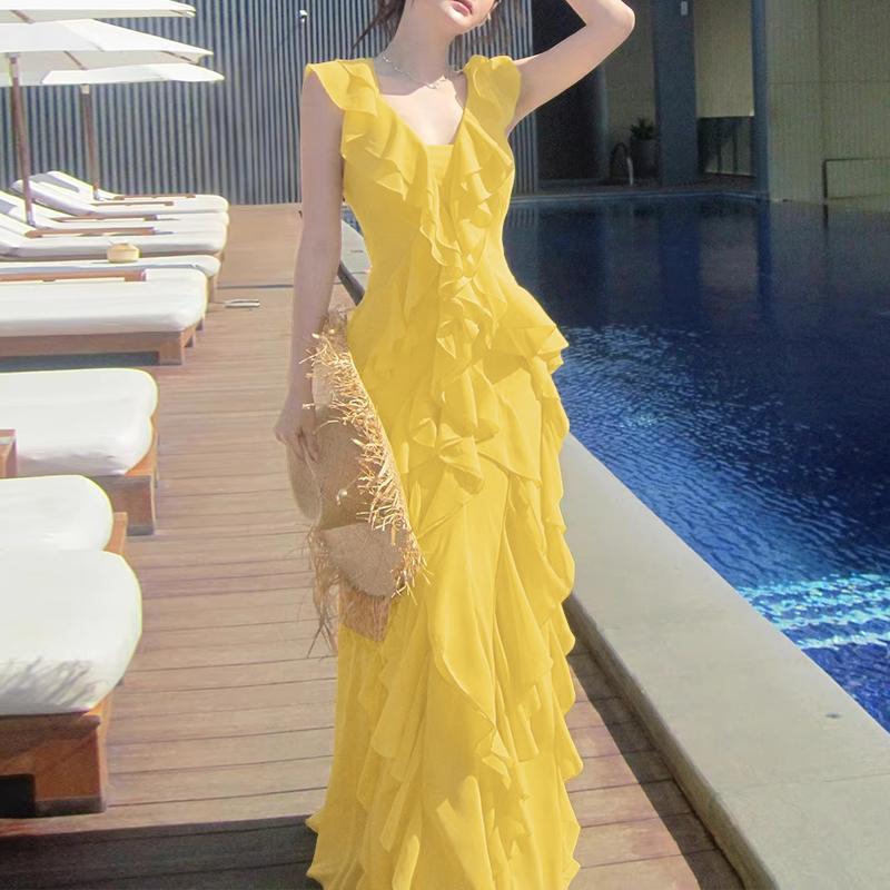 ZANZEA Women Casual V-Neck Sleeveless Ruffles Long Dress Holiday M