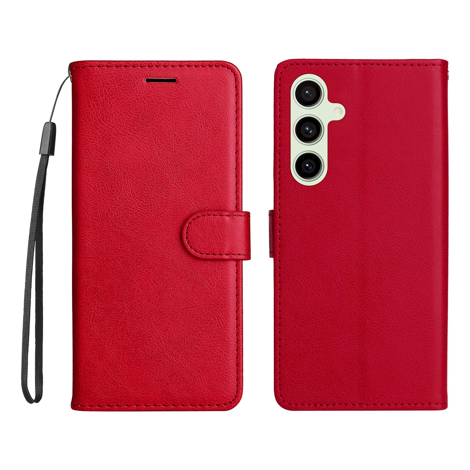 

For Samsung Galaxy S24 FE Case Solid Color Leather Mobile Cover Wallet Stand with Strap Red