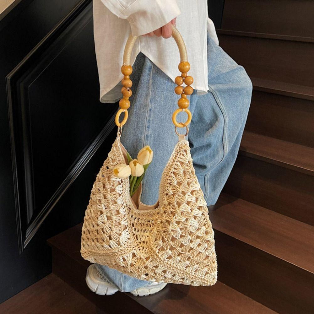 Tragetasche Strohgewebte Tasche Strandhandtasche Hohl-Schultertasche Trendige Böhmische Strandtasche Urlaub