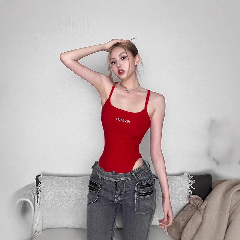 Red Spaghetti Strap Crop Top Jumpsuit with Letter Embroidery
