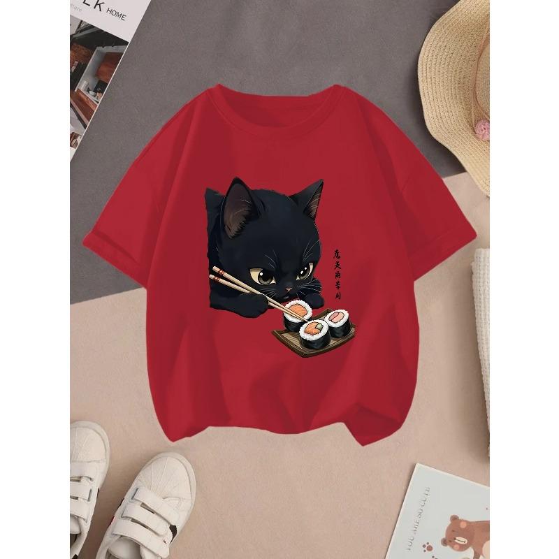 European sizes children's Black Cat & Sushi Kawaii T-Shirt / Cute Anime Sushi Roll & Cat Print / Soft Stretch Round Neck Summer Top / Casual Theme