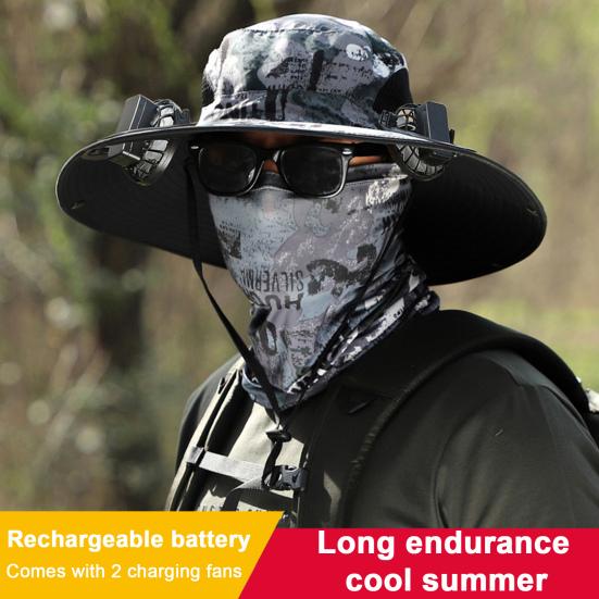 Sun Hat with Breathable Mesh Design Adjustable Cord Wide Brim Sun Protection Hat Dual Fan Design Fishing Hiking Hat