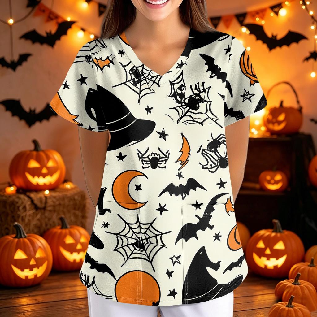 Women's Halloween Print Loose Fit V Neck Short Sleeve Medical Scrub Top Nurse Uniform Work Shirt with Pockets for Caregivers