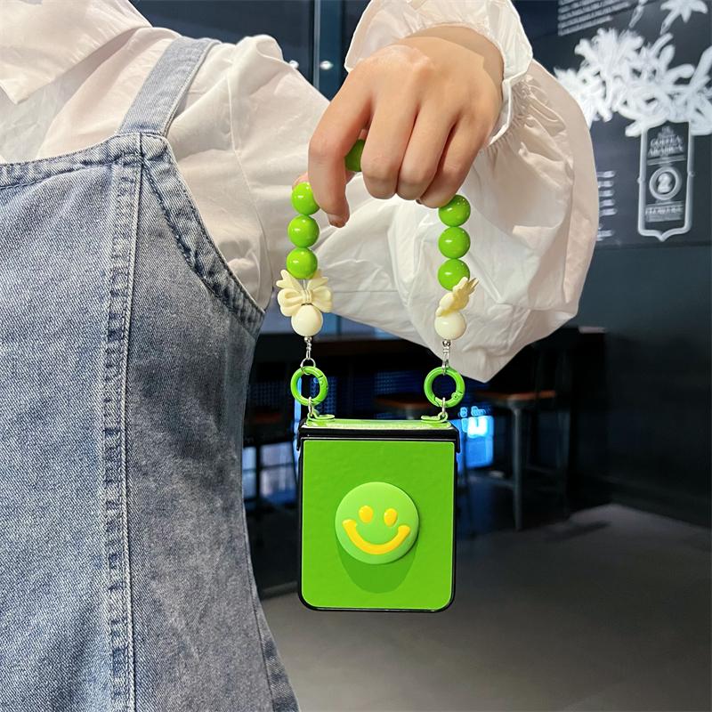 Cute 3d Face Beads Bracelet Hinge Protector Full Protection Phone Cover For Samsung Galaxy Z Flip 4 3 Case Crossbody Lanyard