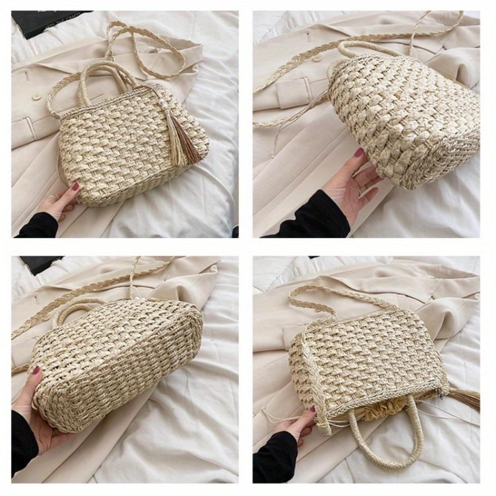Women's Large Capacity Straw-Style Woven Beach Tote Bag Adjustable Crossbody/Handheld Strap with Tassel & Accents, Drawstring Closure