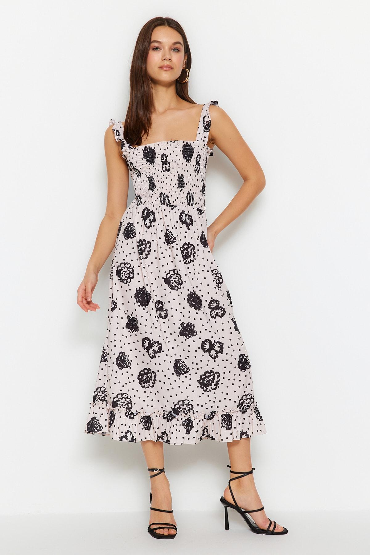 

Тканое платье миди с каменной талией и цветочным узором в горошек TWOSS23EL01562..