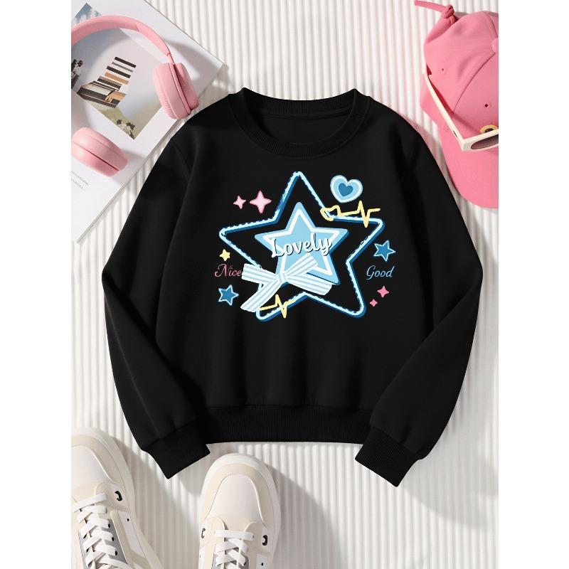 Kids Crewneck Sweatshirt, Lovely Star Bow Heart Cute Creative Print,Daily Casual Top for Spring & Autumn