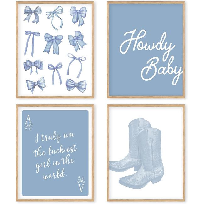 Boat Wades Blue Western Howdy Wall Art Poster,Western Cowgirl Bow Boots Poster Prints Decor,Coquette Cowgirl Room Decor Wall Art 8x10 Set Of 4 Blue Howdy