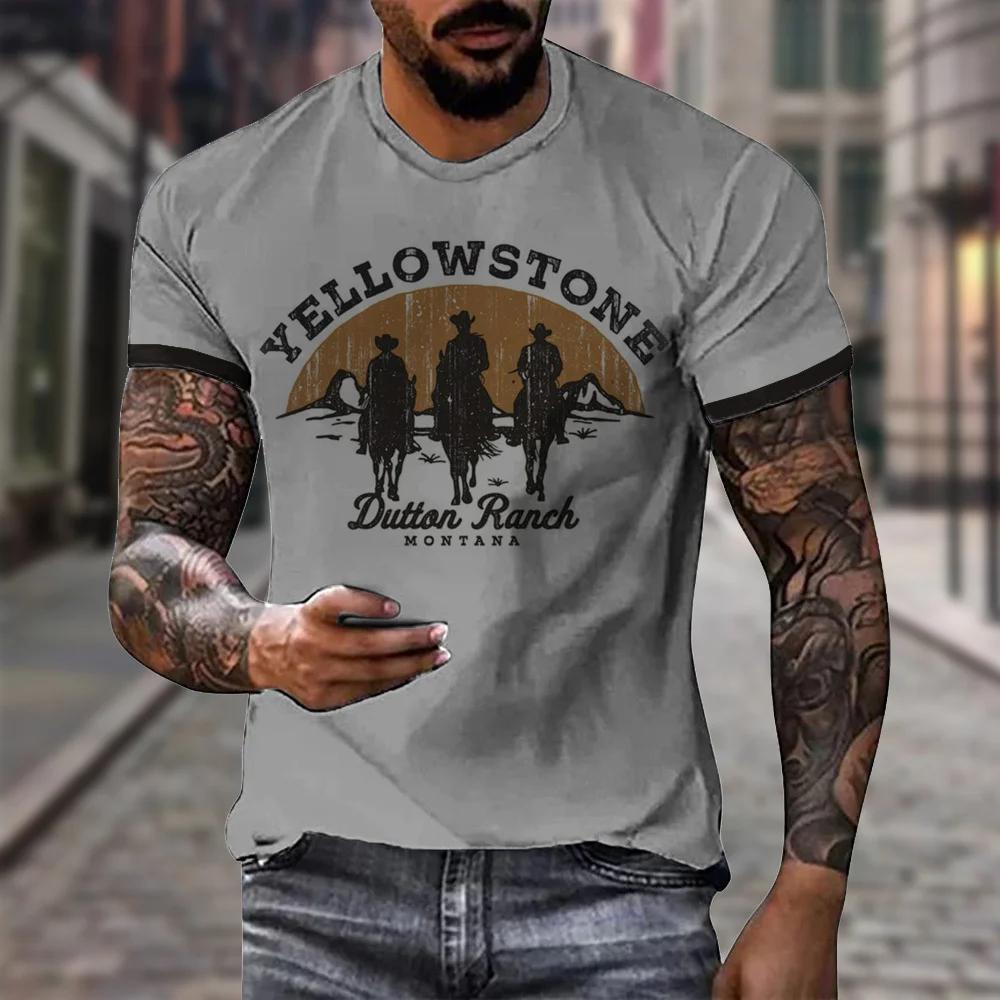 ETST 005 Nieuwe Vintage Stijl T-shirt Voor Heren Yellowstone National Park 3D Print Cowboy T-shirt Oversized Korte Mouw Top Casual Streetwear 6XL