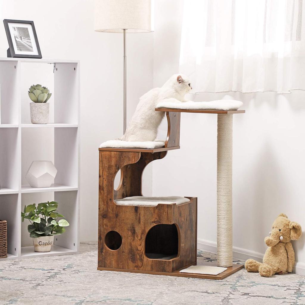 FEANDREA 86 cm Cat Tree, Medium Cat Tower with 3 Beds and Cave, Cat Condo Made of MDF with Wood Veneer, Sisal Post and Washable Faux Fur, Vintage