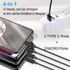 50cm 4-in-1 Charging Solution - USB to Double Type-C and Dual-micro USB Charging Cable Cord for Cell Phones Powerbanks
