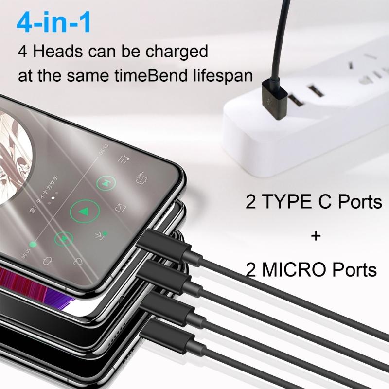 50cm 4-in-1 Charging Solution - USB to Double Type-C and Dual-micro USB Charging Cable Cord for Cell Phones Powerbanks