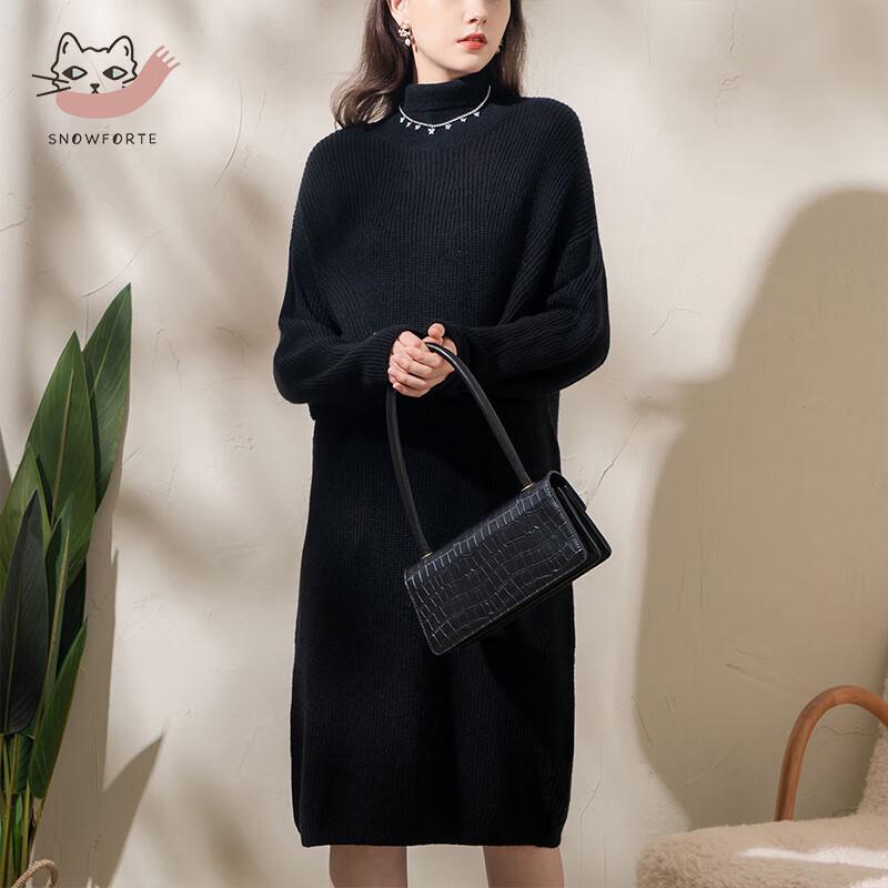 Snuofude Women's High-Neck Wool Blend Knitted Midi Dress