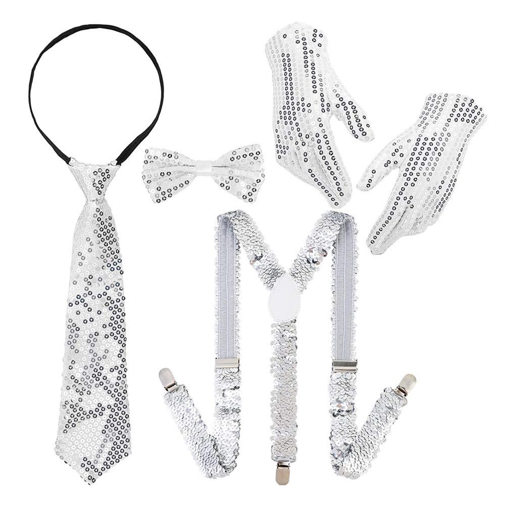 Shiny Sequined Hat Tie Gloves Set Masquerade Disco Stage Performance Costume  for Men Women