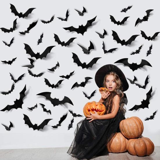72/120Pcs 3D Bat Wall Stickers Realistic Pattern Easy to Install Wall Decals Halloween Decorations Party Supplies