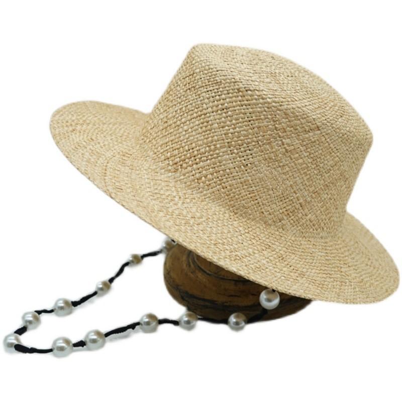Internet Celebrities With The Same French Celebrity Retro Elegant Pearl Chain Treasure Grass Flat Top Top Hat Women'S Summer Sunshade Vacation