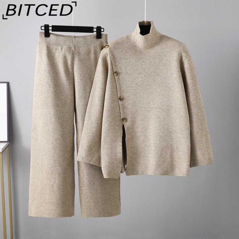 

BITCED Дизайнерский уникальный свитер с высоким воротником-стойкой и разрезом, вязаный, для женщин, комплект из двух предметов: теплые и молодежные повседневные брюки с широкими штанинами для зимы One Size хаки