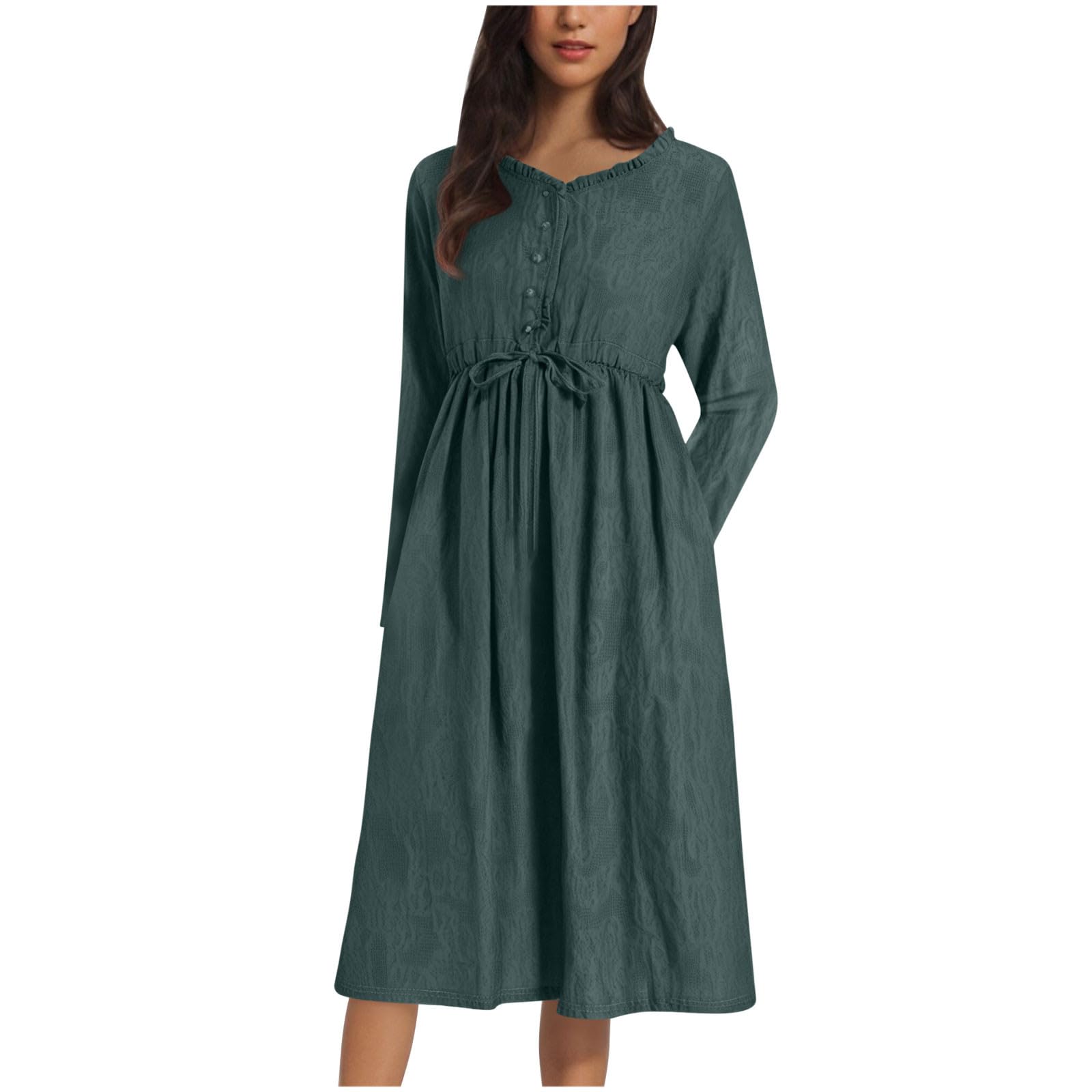 

Women s Casual V-neck Tie Pocket Solid Color Long Sleeved Dress XL