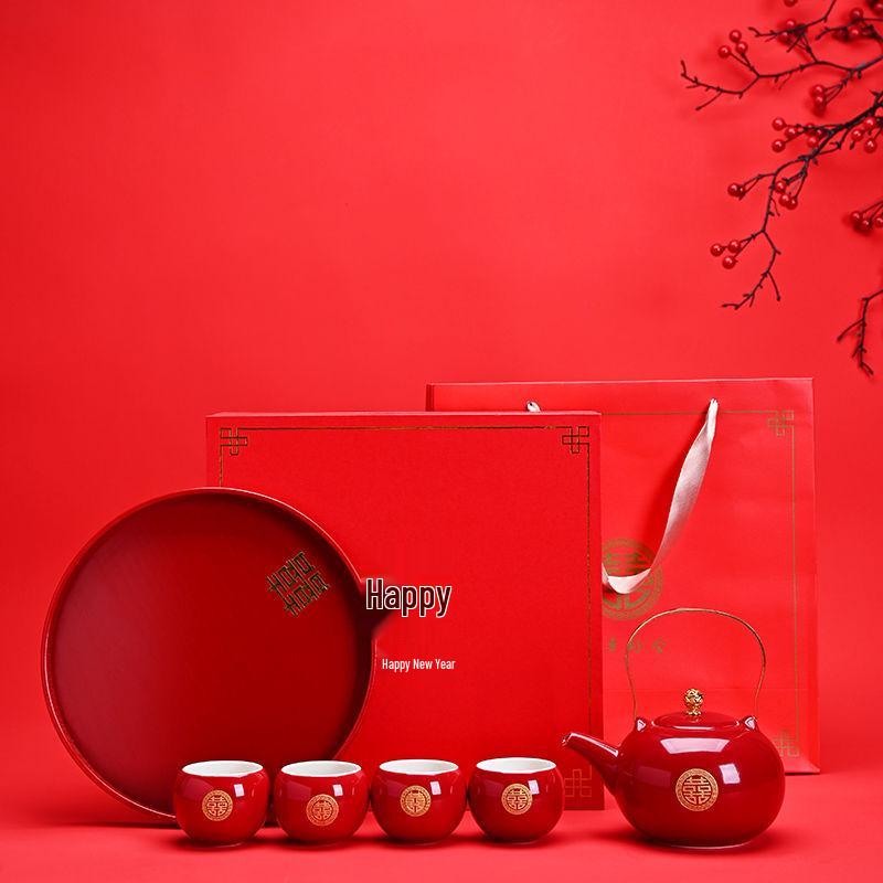 Red Chinese Wedding Tea Set: Complete Gift with Bride's Dowry Tray & Teapot