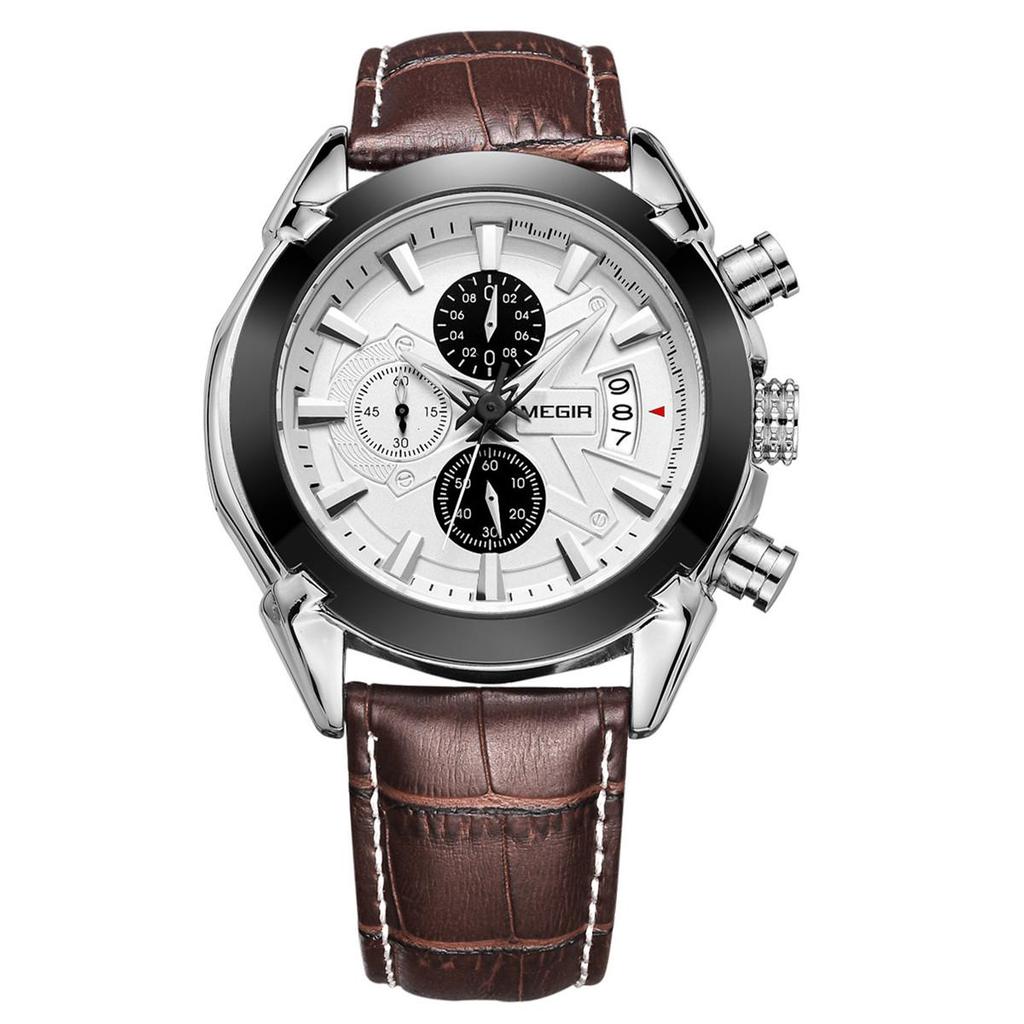 MEGIR Brand Fashion Sport Watch for Men 47MM Big Dial Clock Waterproof Casual Quartz Wristwatch Leather Strap Chronograph 2020