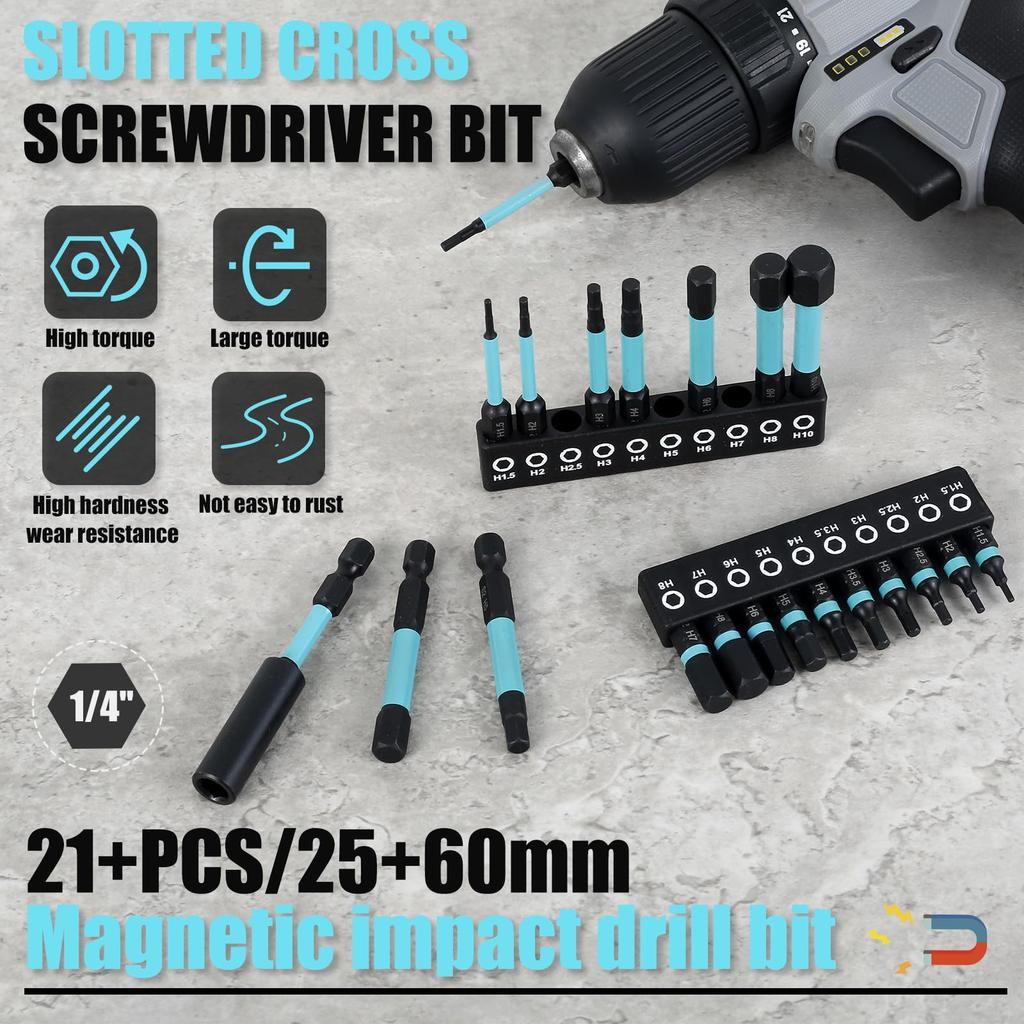 21Pcs/Set S2 Alloy Steel 1/4 Inch Hex Shank Magnetic Screwdriver Bits Set with Extension Bar for Power Tools