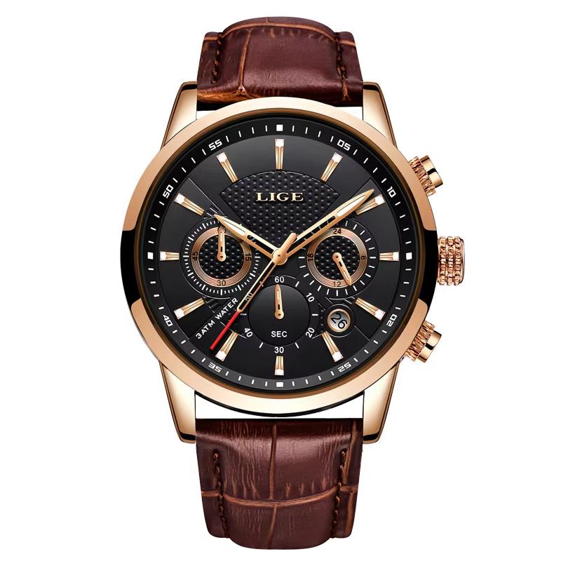 LIGE Mens Watches Luxury Waterproof Military Sport Man Watch Chronograph Genuine Leather Men Quartz Wristwatch Relogio Masculino