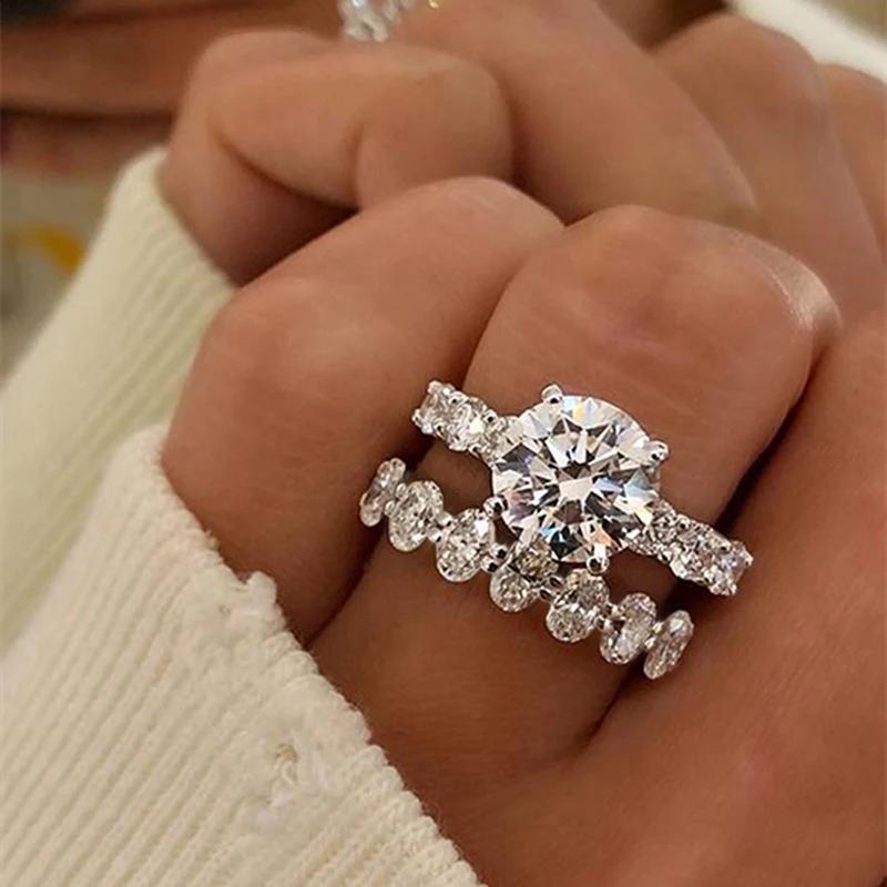 Huitan Brilliant 2Pc/Set Rings Attractive Promise Wedding Band Set for Women Simple Noble Versatile Finger Accessories