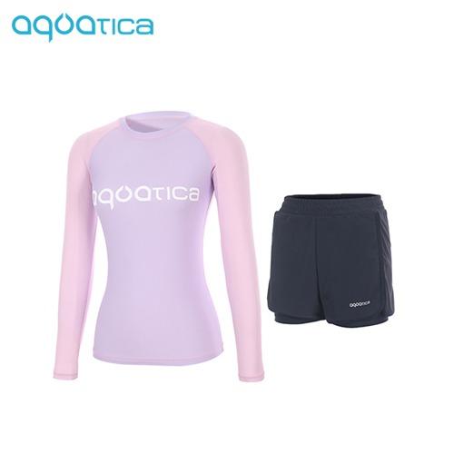 Akuatika Women'S Rash Guard Aqawts23009 + Layered Swim Board Shorts Nv Set