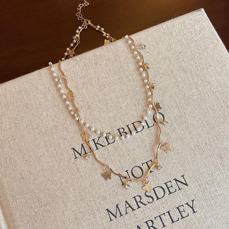 Luxury  Pearl Butterfly Tassel Necklace For Women Elegant Double Layer Clavicle Chain Necklace Party Wedding Jewelry