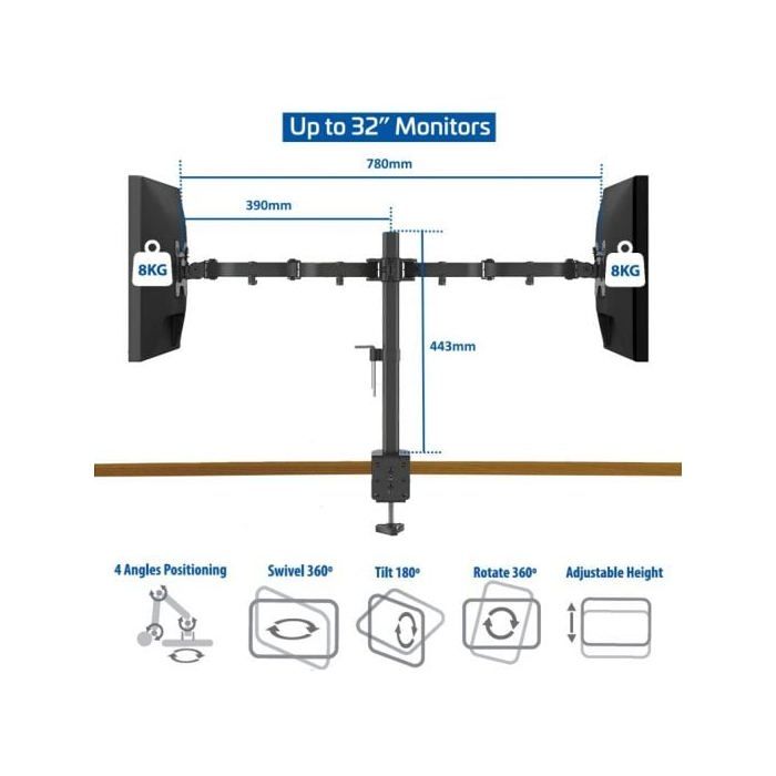 Bras articulé pour 2 écrans - Velleman - 73142 - Réglable - Inclinaison - Rotation 360°
