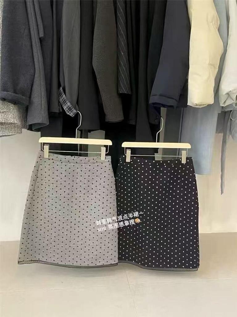 Korean Dongdaemun Autumn/Winter Polka Dot Lace Trim Wool Mid-Length Skirt
