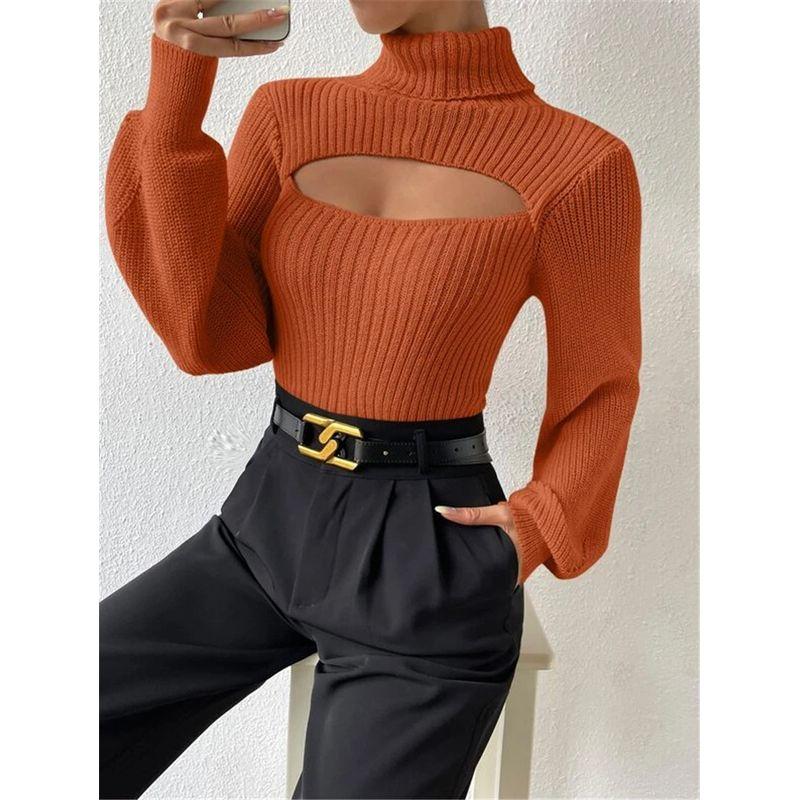 Sweater European and American Sexy Low-Cut Sexy Sweater Fall and Winter Cut Out Stylish Turtleneck Silm Knitwear Sweater
