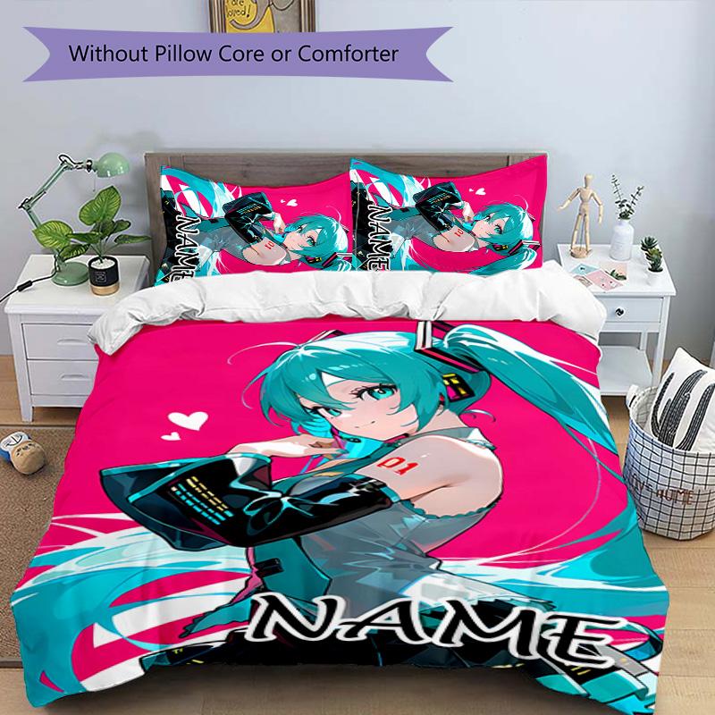 Set Copripiumino Hatsune Miku 3 Pezzi - Nome Personalizzato, Biancheria da Letto Stampata HD con 1 Copripiumino e 2 Federe - Perfetto per l'Arredamento della Casa, Facile da Curare
