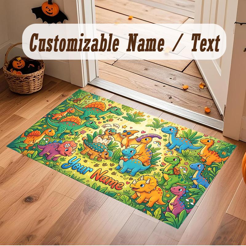 Dinosaur Theme Soft Crystal Velvet Rug Custom Name & Text Print Non Slip Floor Rug for Bedroom Living Room