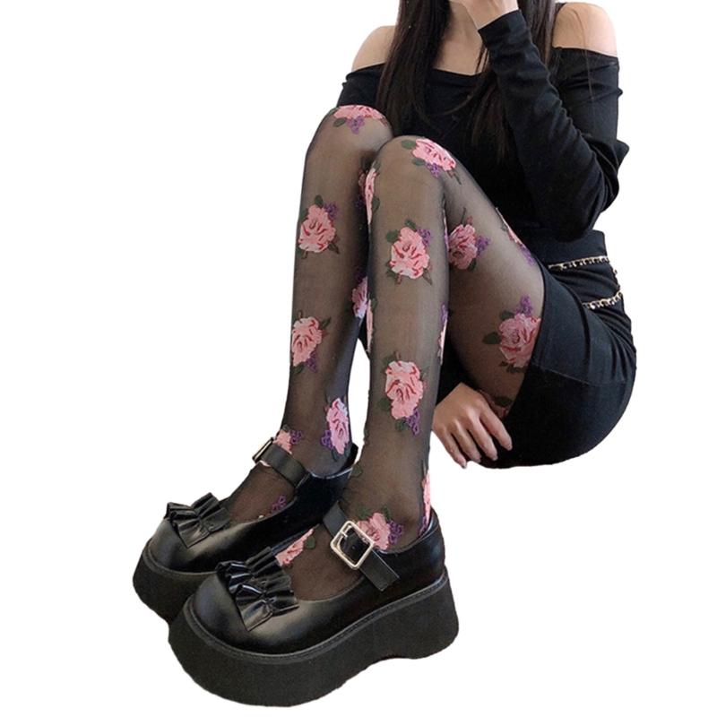 Women Vintage Rose Patterned Thin Tights Japanese JK High Waist Footed Pantyhose Silky Stockings Sheer Fashion Hosiery