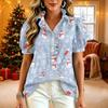 Women's Casual Ruffle V-Neck Short-Sleeve Button-Up Blouse with Christmas Print