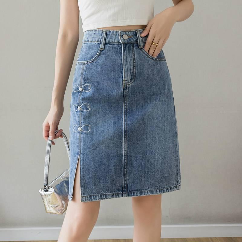 

Women s High-Waisted Beaded Denim Mini Skirt - A-Line, Mid-Length with Slit, Slimming Bodycon Style, Perfect for Summer 2025 S26【80-95 lbs】