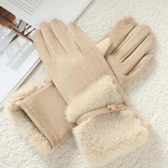 Women's Winter Suede Gloves with Fur Cuffs Soft Warm Touchscreen Cycling Gloves Ladies Fleece Lined Windproof Gloves for Cold Weather