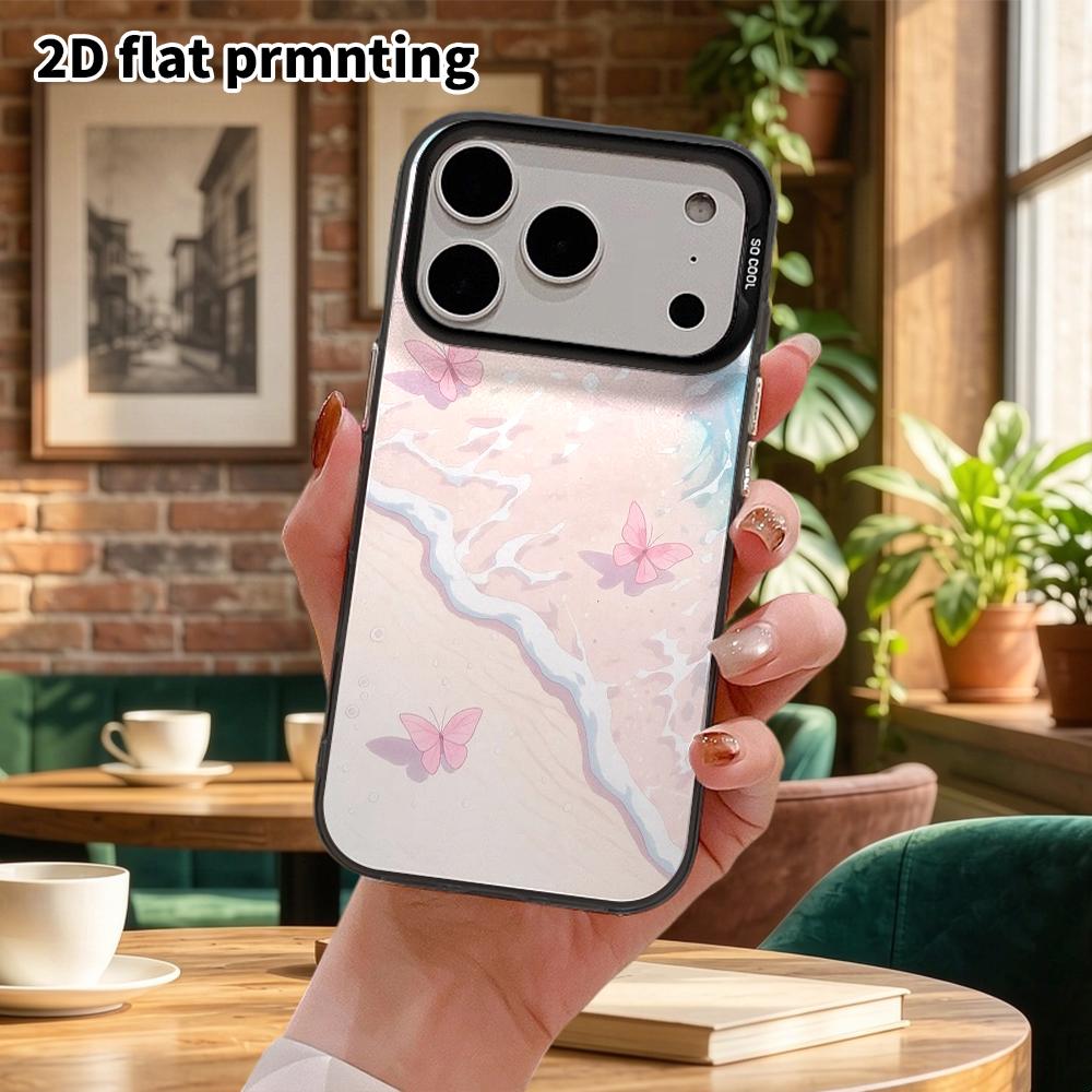 Phone Case: 2D Flat Design, Fits iPhone 18, 17, 16, 15, 14, 13 Pro, Color Silver Protective Case, Couple Style, Seaside Pink Butterfly, Christmas and