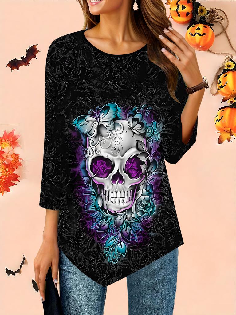Dámské volné tričko s kulatým výstřihem a tříčtvrtečním rukávem s 3D halloweenským vzorem Ideální halloweenský a vánoční dárek