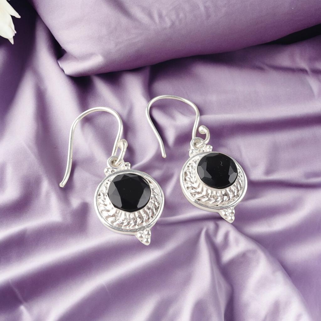 Black Onyx Gemstone 925 Sterling Silver Jewelry Handmade Earrings 1.43" For Gift EE-117-19