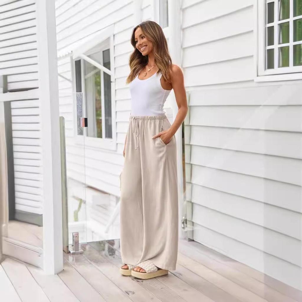2024 Women's Linen Wide-Leg Drawstring Beach Pants with Pockets - European and American Style
