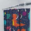 Space-themed shower curtain featuring colorful dinosaurs, perfect for a child's bathroom! Made with waterproof polyester fabric