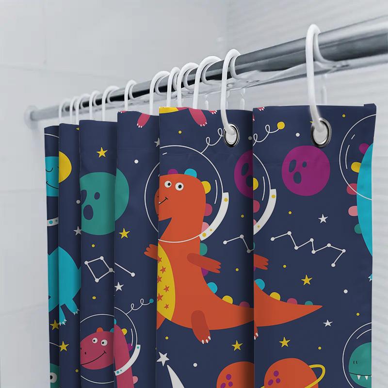 Space-themed shower curtain featuring colorful dinosaurs, perfect for a child's bathroom! Made with waterproof polyester fabric