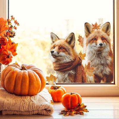 Creative Simulation Autumn Fox Fallen Leaves Home Glass Door and Window Decorative Stickers