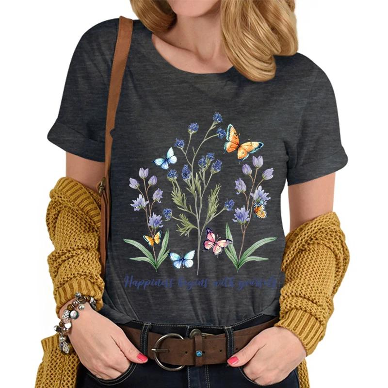 

Happineff Beging with Yougself Printed Tshirt Women Positive Flower Butterfly Design Woman Tshirts Vintage Flowers Casual Tops 4XL