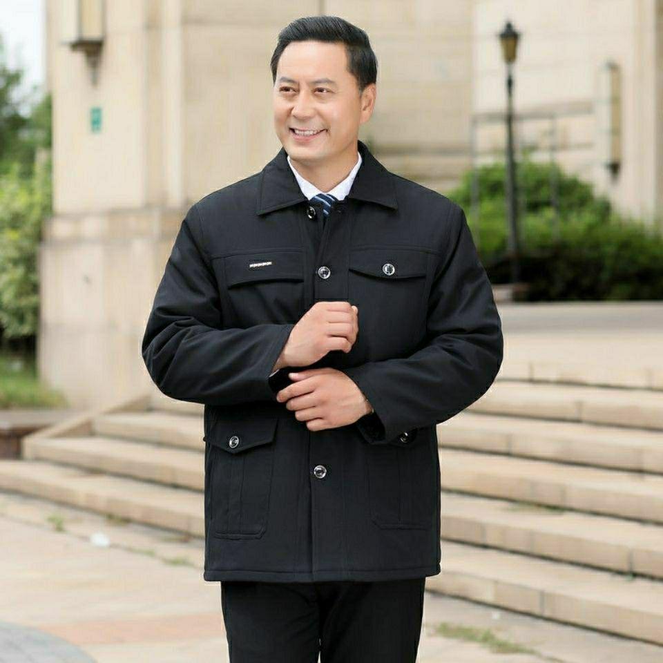 

Men s Winter Lapel Coat for Elderly - Thick, Mid-Length, Loose Fit Dark Blue, mid-length, thick, turn-down collar