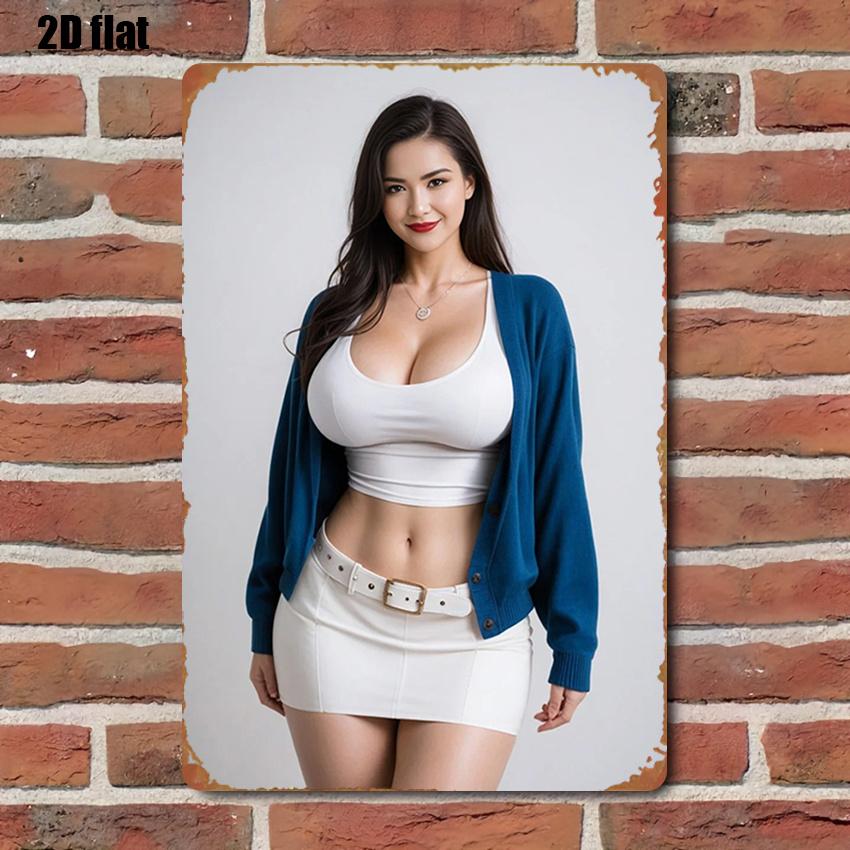 HD Metal Tin Sign Stunning Asian Model Blue Cardigan White Crop Top Mini Skirt Wall Art Decor 20x30cm（7.8x11.8inch）
