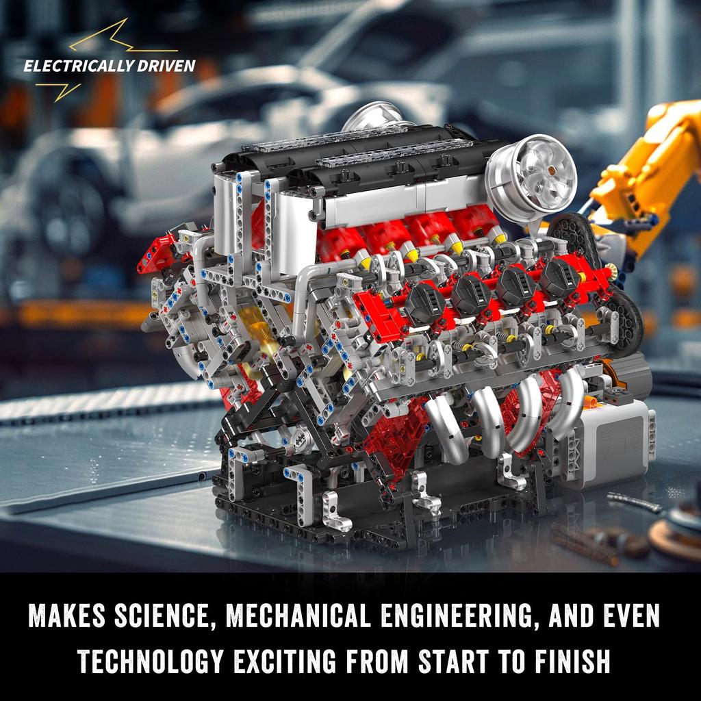 Mould King 10130 MOC Technic F488 (V8) 8-Cylinder Inline Gasoline Engine Block Kit, 3.9 Liter Double Turbo V8 Engine, Technology Building Kit with